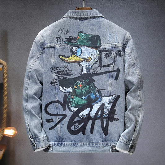 New Autumn Men's Denim Jacket Cartoon Print Street Trend Slim Coat