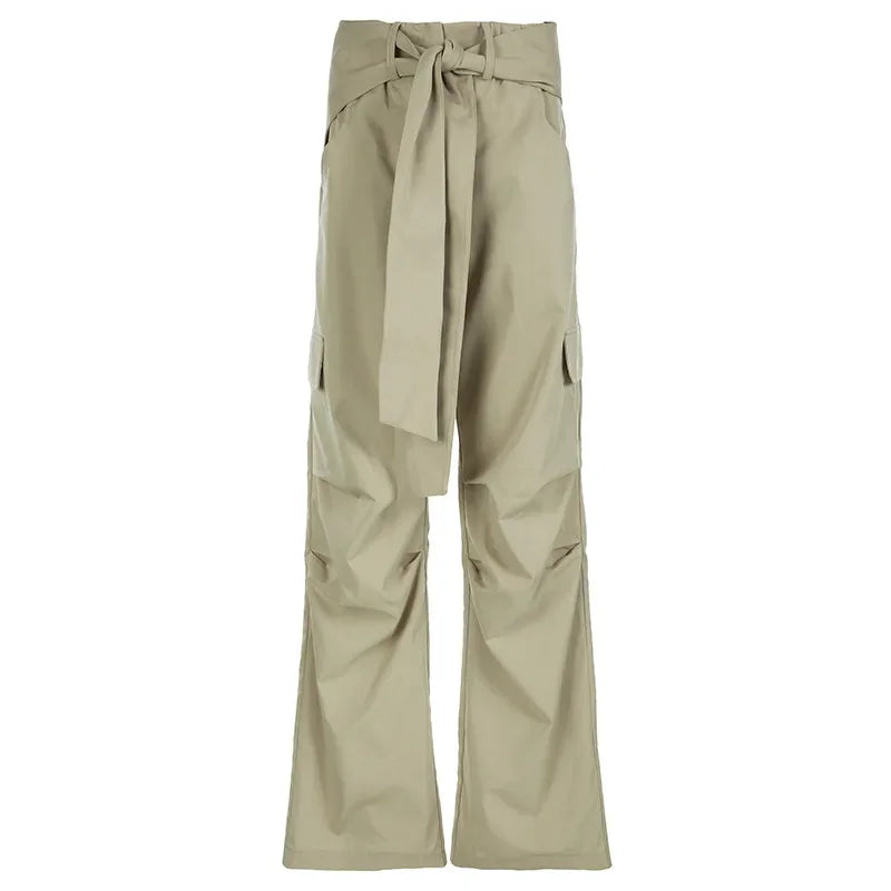 Y2K Khaki Pleated Loose Cargo Sweatpants Women