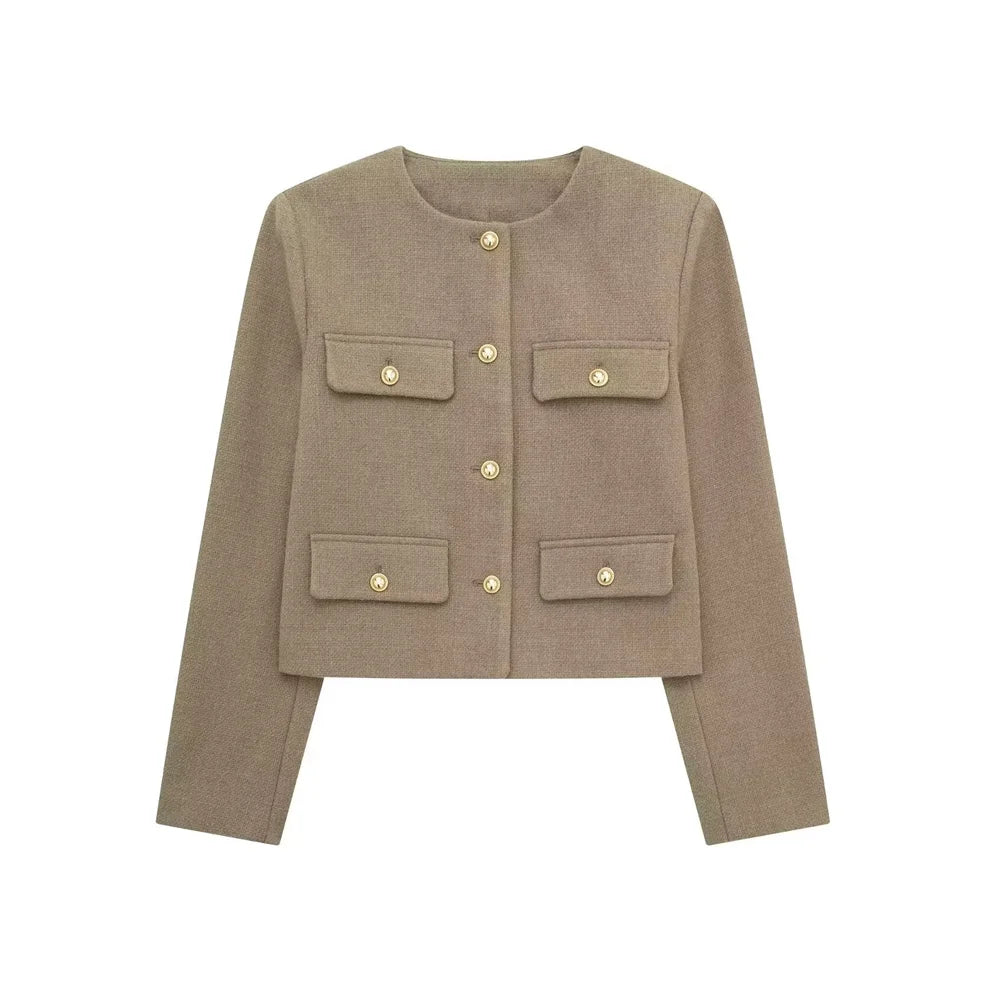 Women's Gold Button Jacket - Long Sleeve Coat Outerwear