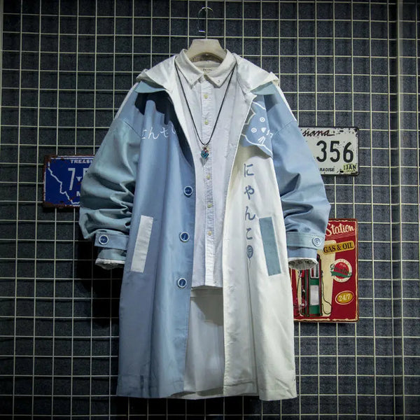 Anime Cat Hoodie Men Patchwork Japanese Streetwear Harajuku Style