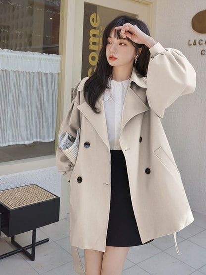 Korean Fashion Top Windbreaker Coat Female Solid Color Loose Lantern Sleeve Women Coat