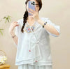 Womens Vintage Embroidered Top Cotton Linen Loose Summer Shirt