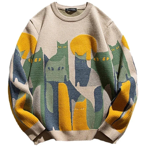 Cat Print Sweater Vintage Harajuku Loose Pullover