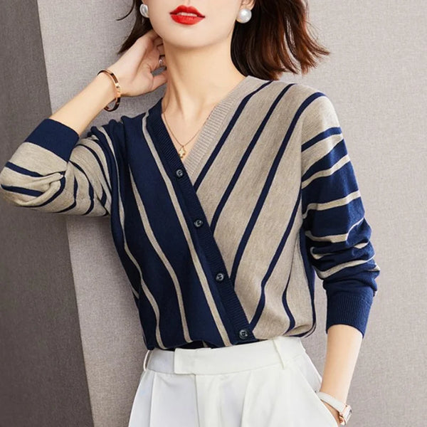 Womens Striped Pullover Sweater V Neck Long Sleeve Button Fall Winter