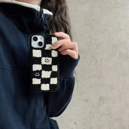 Winter Smile Grid Plüsch-Telefonhülle, warmes Tuch, Stoff, Fell, stoßfeste, weiche TPU-Abdeckung