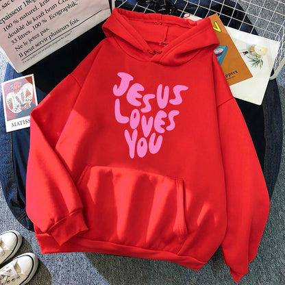 Jesus Loves You Letter Funny Prints Hoodies Women Fleece Pocket