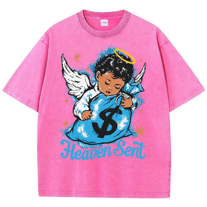 Angel Boy Money Print Washed Distressed T-shirt Summer Fashion Men