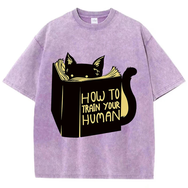 Smart Cat Reading Print T-Shirt Men Summer Vintage Water Wash