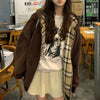 Oversized Brown Zip Up Hoodie Women Lattice Stitching Fall Jacket