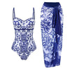 Blue Floral African Swimsuit with Skirt 2025