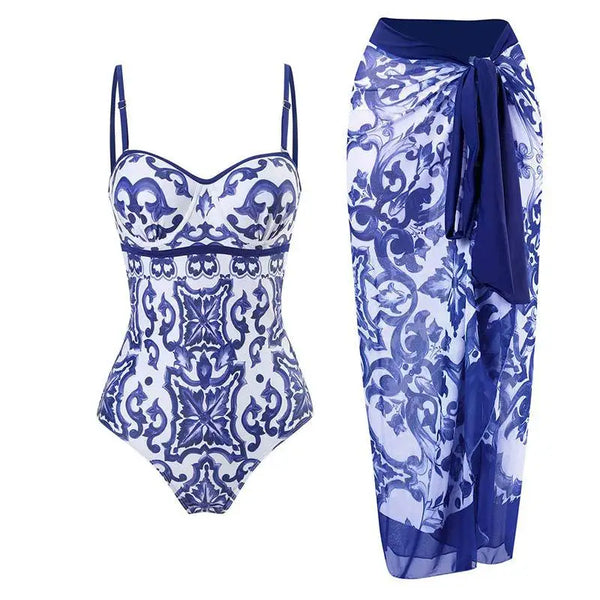 Blue Floral African Swimsuit with Skirt 2025