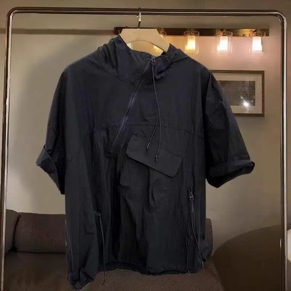 Mens Hooded Polo Shirt Short Sleeve Cotton Blend Casual Summer Tee