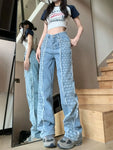 Plaid Splicing Straight Leg Jeans for Women Versatile Korean High Waisted