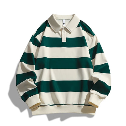 Men's Striped Long-Sleeve Polo Shirt Casual Loose Fit