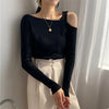 Womens Off Shoulder Knit Tee Y2K Slim Fit Sexy Solid Color Top