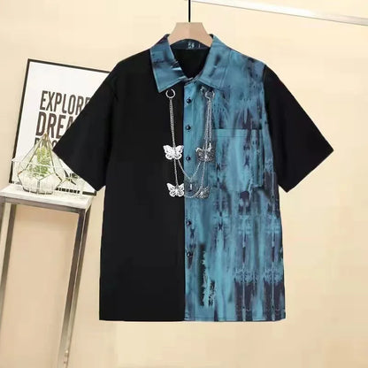 Harajuku Tie-Dye Shirt and Chain Cargo Pants Set Men Streetwear Suit