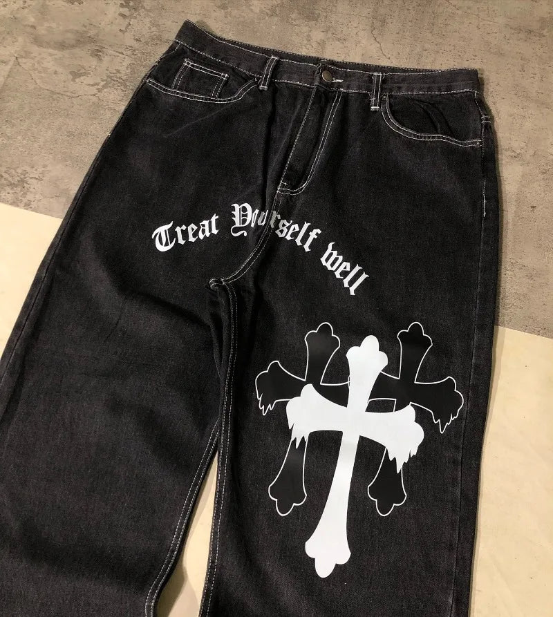 Bold Cross Design American Casual Men Jeans
