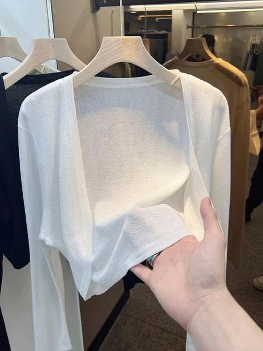 Short Ice Silk Knitted Sun Protection Cardigan Women's Thin Summer Suspender Skirt Layered Gauze Jacket Air-conditioned Cover Up