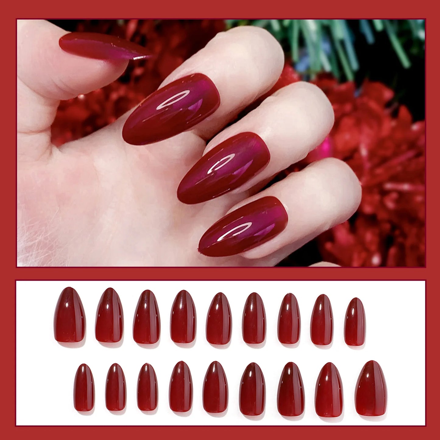 Cherry Red Almond Vintage Fake Nails Press On Tips