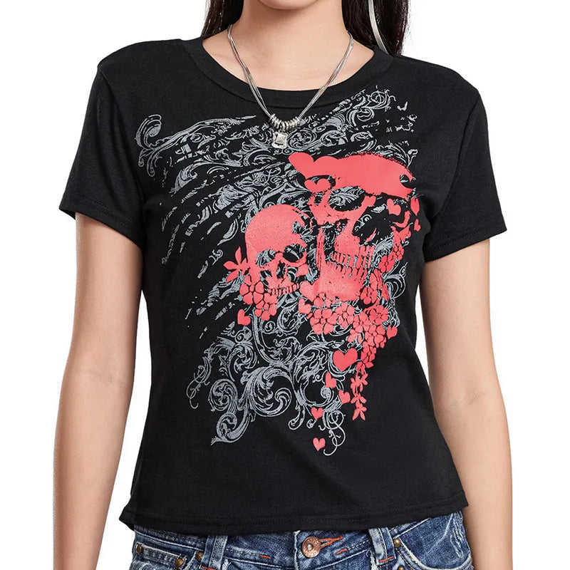 Y2K Skull Print T-Shirt Women’s Slim Fit Summer Streetwear Club Top