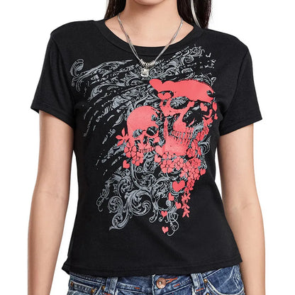 Y2K Skull Print T-Shirt Women’s Slim Fit Summer Streetwear Club Top