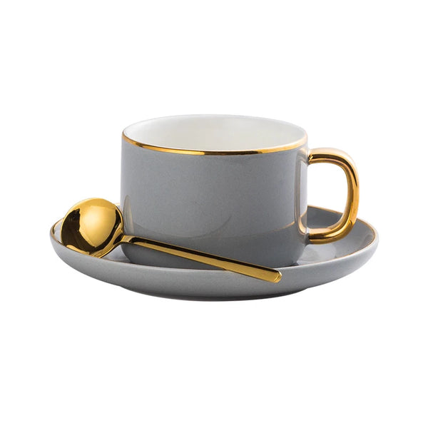 Gold Rim Coffee Cup and Saucer Set with Spoon European Ceramic