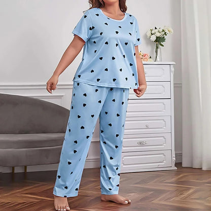 Plus Size Pajama Set Women Love Heart Print Sleepwear