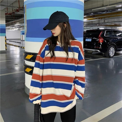 Hoodies Striped Oversized Sweatshirt Women Korean Fashion