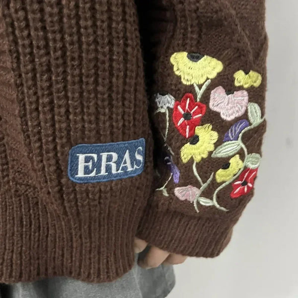 Cardigan for Women Flower Embroidered Knitted Sweater Y2k Girl Vintage