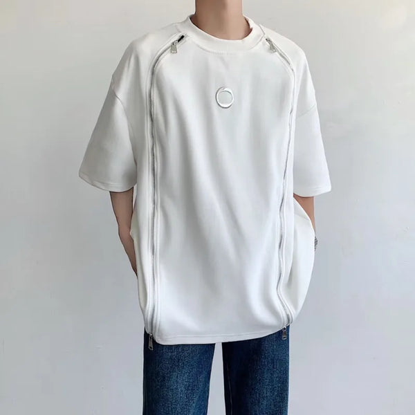 Mens Oversized Streetwear Tee Double Zip Hip Hop Harajuku Shirt