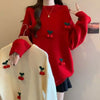 Women’s Christmas Red Cherry Sweater – Cute Long Sleeve Winter Pullover