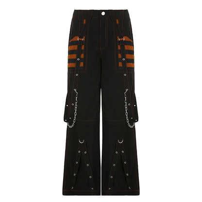 Women Fall Winter Cargo Jeans Striped Zipper Button Closure Loose Casual