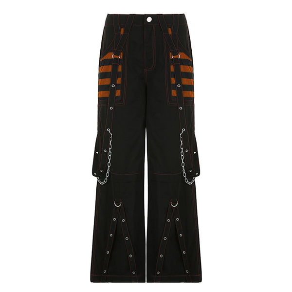 Women Fall Winter Cargo Jeans Striped Zipper Button Closure Loose Casual