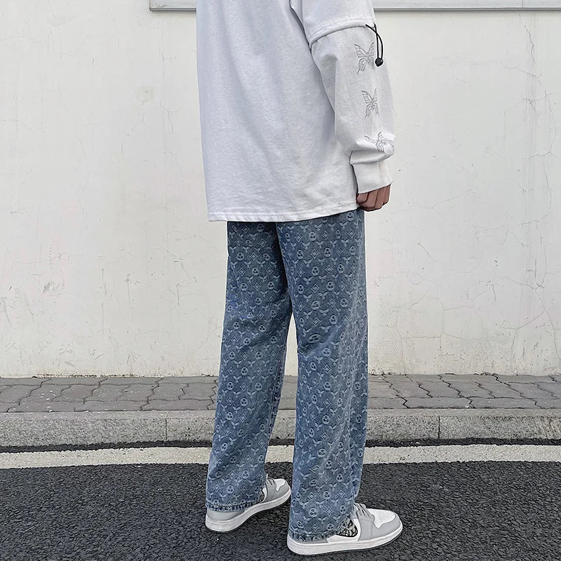 Mens 2024 New Straight Lift Pattern Loose Wide Leg Jeans