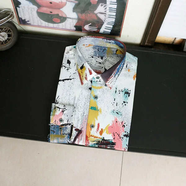 Silk Graffiti Shirt Men Long Sleeve Streetwear Nightclub Stage