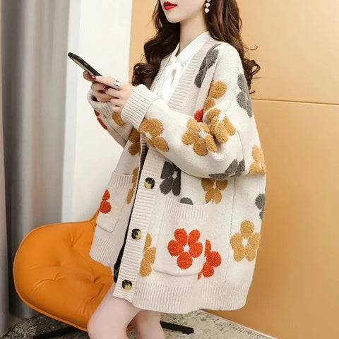 Multi Daisy Flower Embroidery V-Neck Cozy Sweater Cardigan with Pockets