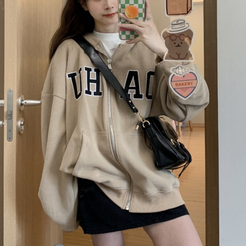 Hoodie Women Kpop Oversize Zip Sweatshirt Streetwear Casual Vintage