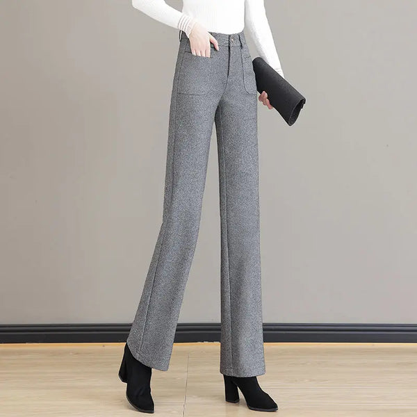 Womens Wool Blend Wide Leg Pants High Waist Straight Fall Trousers