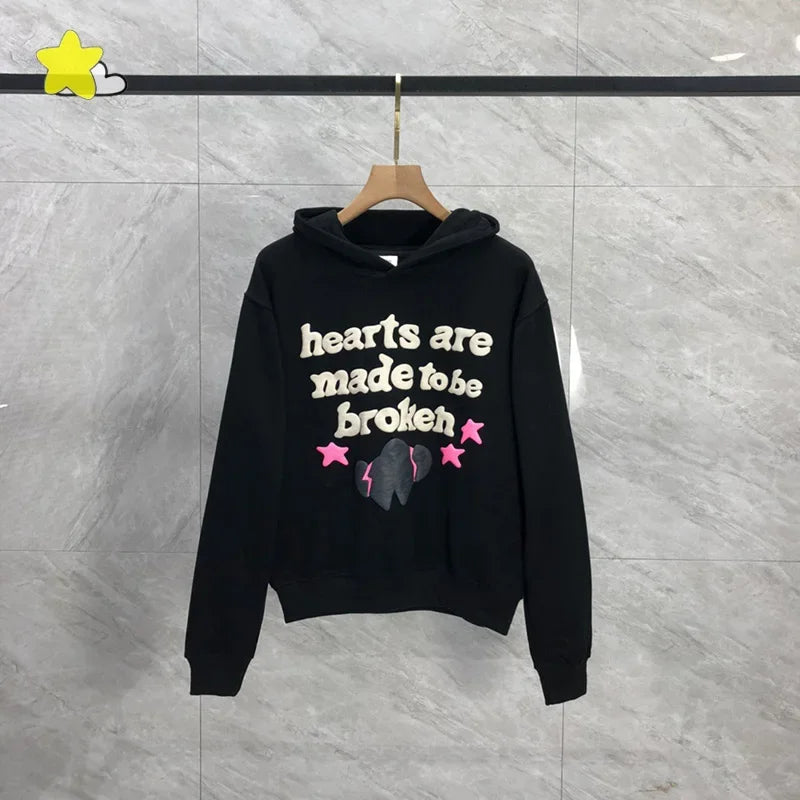 Men's Casual Foam Letters Graphic Hoodie High Quality Cotton Black Pullover