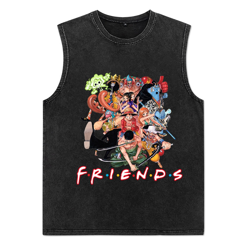 Vintage Men T-Shirts Anime Print T Shirts Cotton Casual Sleeveless Tees Vest - xinnzy