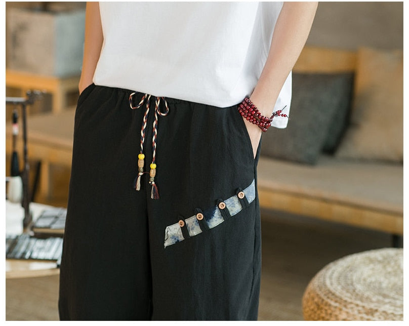 Japanese Cotton Linen Harem Pants Cropped for Men Casual Elastic Waist