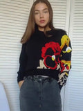 Chic Black Floral Pullover: Women's Long Sleeve Knit Sweater for Autumn