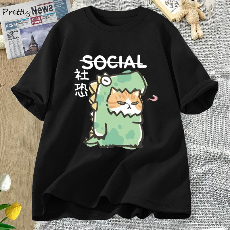 Harajuku T-Shirt Damen Streetwear Grafik Dinoasurus Katze