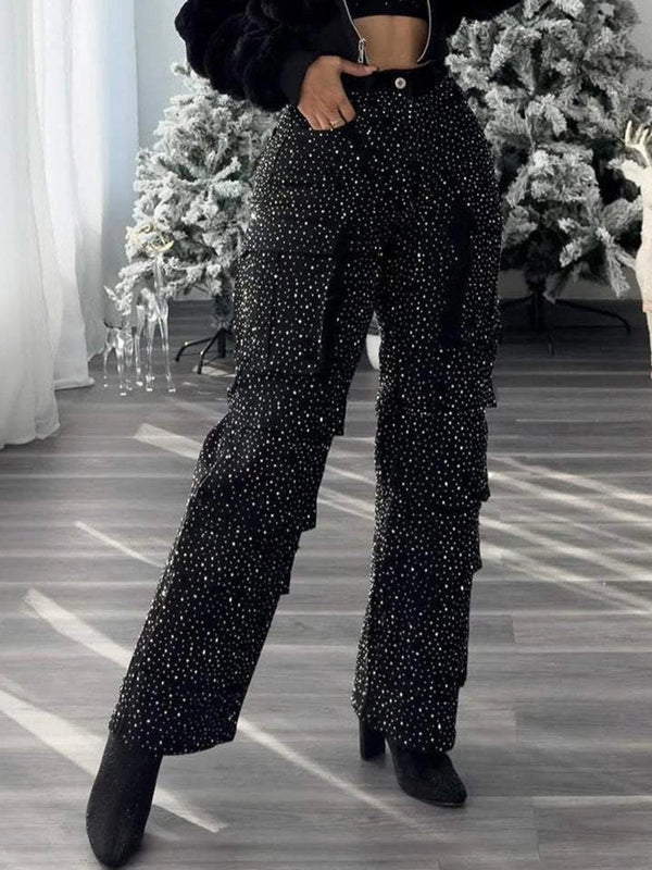High Waist Black Jeans Women Rhinestone Multi Pocket Straight