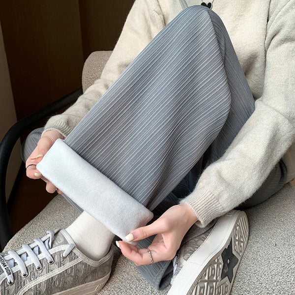 Winter Warm Fleece Wide Leg Pants Women High Waisted Thick