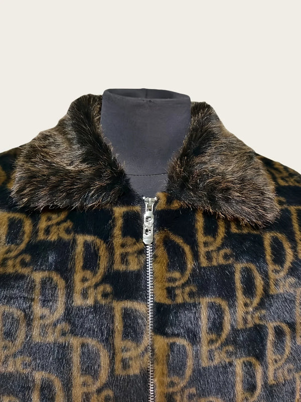 Mens Faux Fur Lapel Winter Jacket Letter Print Warm Coat