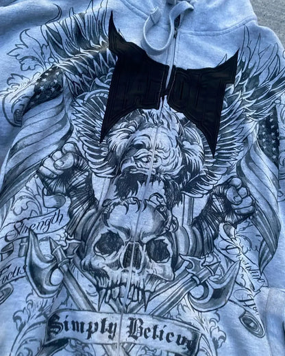 Y2K Vintage Fashion Skull Print Zip Up Hoodie Autumn Winter Men