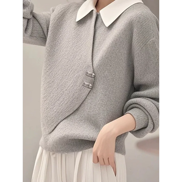 Womens Corduroy Sweatshirt Layered Look Gray Polo Collar Korean Style
