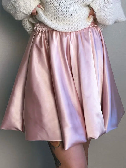 Satin Balloon Mini Skirt Women Elastic Waist Summer