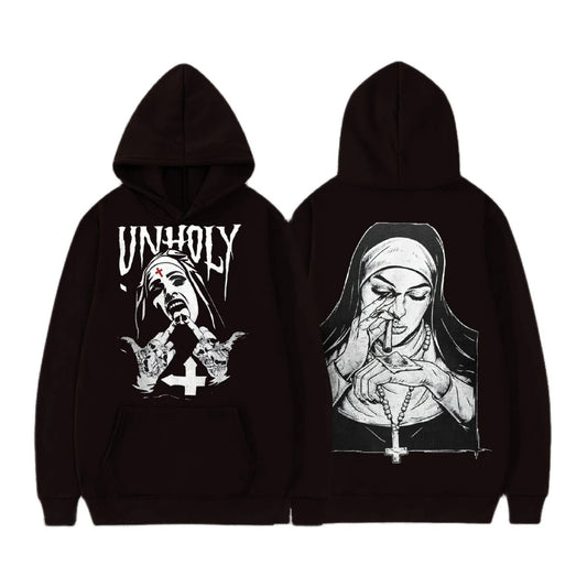Men Nun Print Fleece Hoodie Harajuku Streetwear